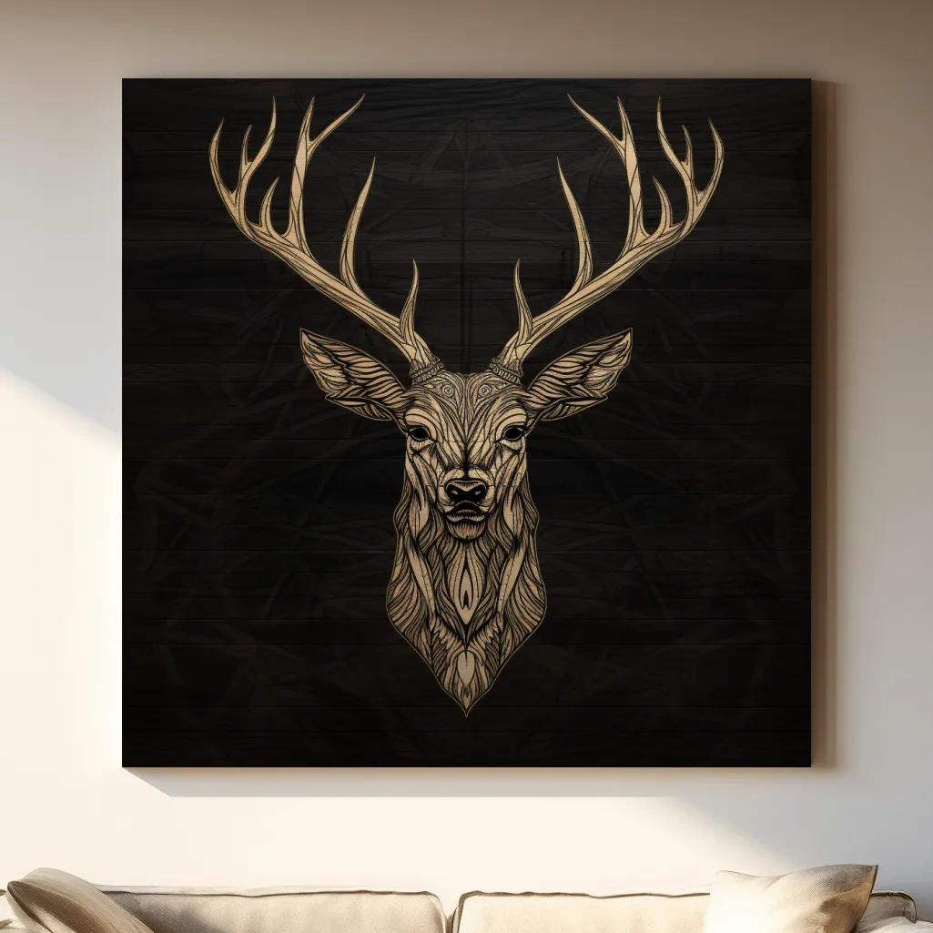 Wood engraving artwork of a deer head