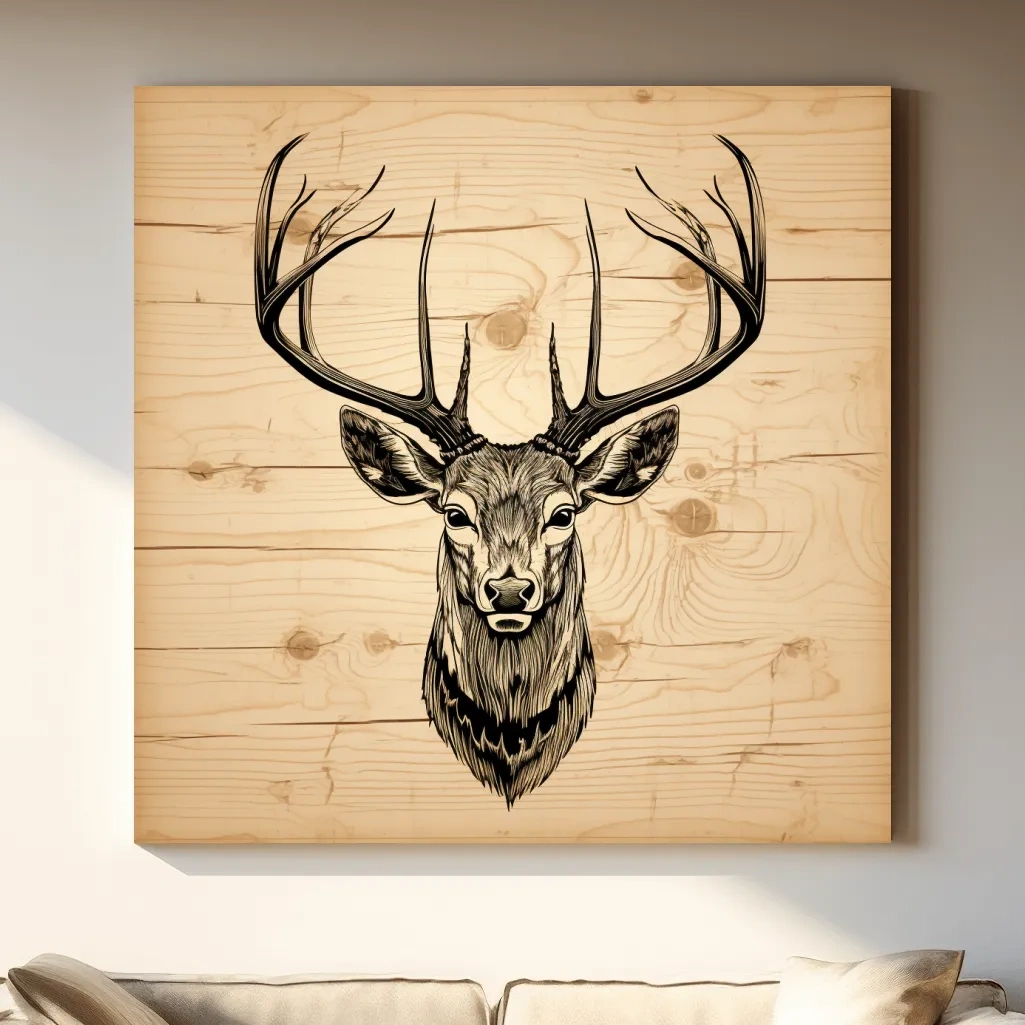 Engraved wood art of deer head