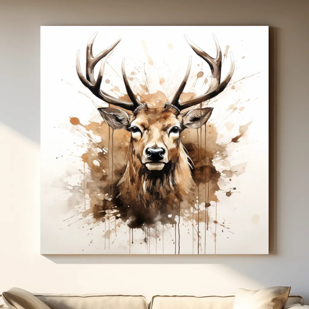 Splattered watercolour painting of a deers head