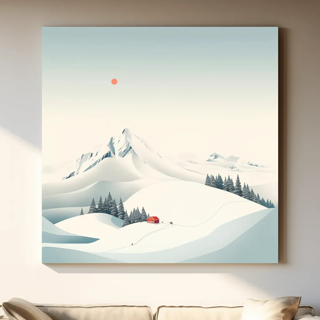 Minimalist Snowy Mountain Cabin Landscape - Winter Wall Art