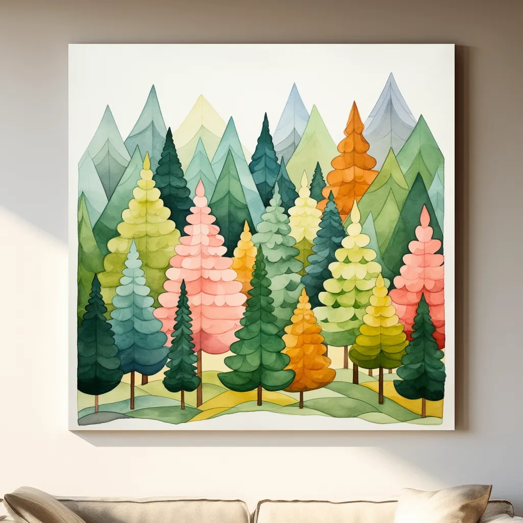 Watercolour style art of colorful dreamy forest