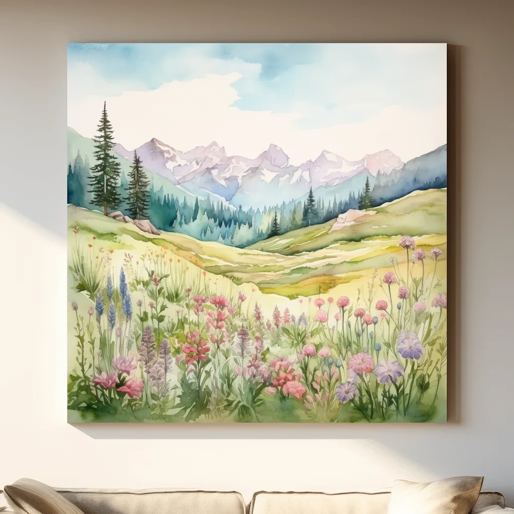 Watercolour painting of alpine flowers in pastel mountain meadows