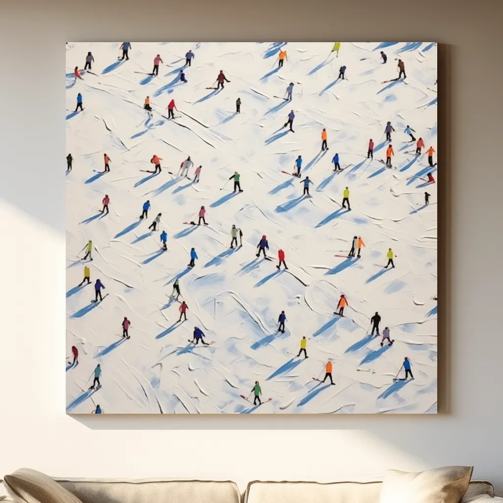 Aerial view of a ski resort with lots of little skiers, textured painting effect