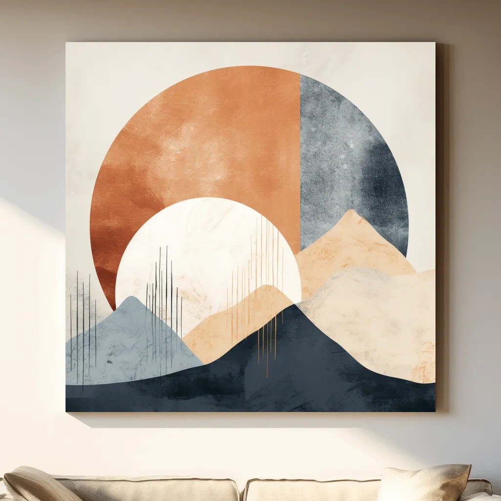 Abstract shapes forming mountains, mid century style artwork, earthy tones