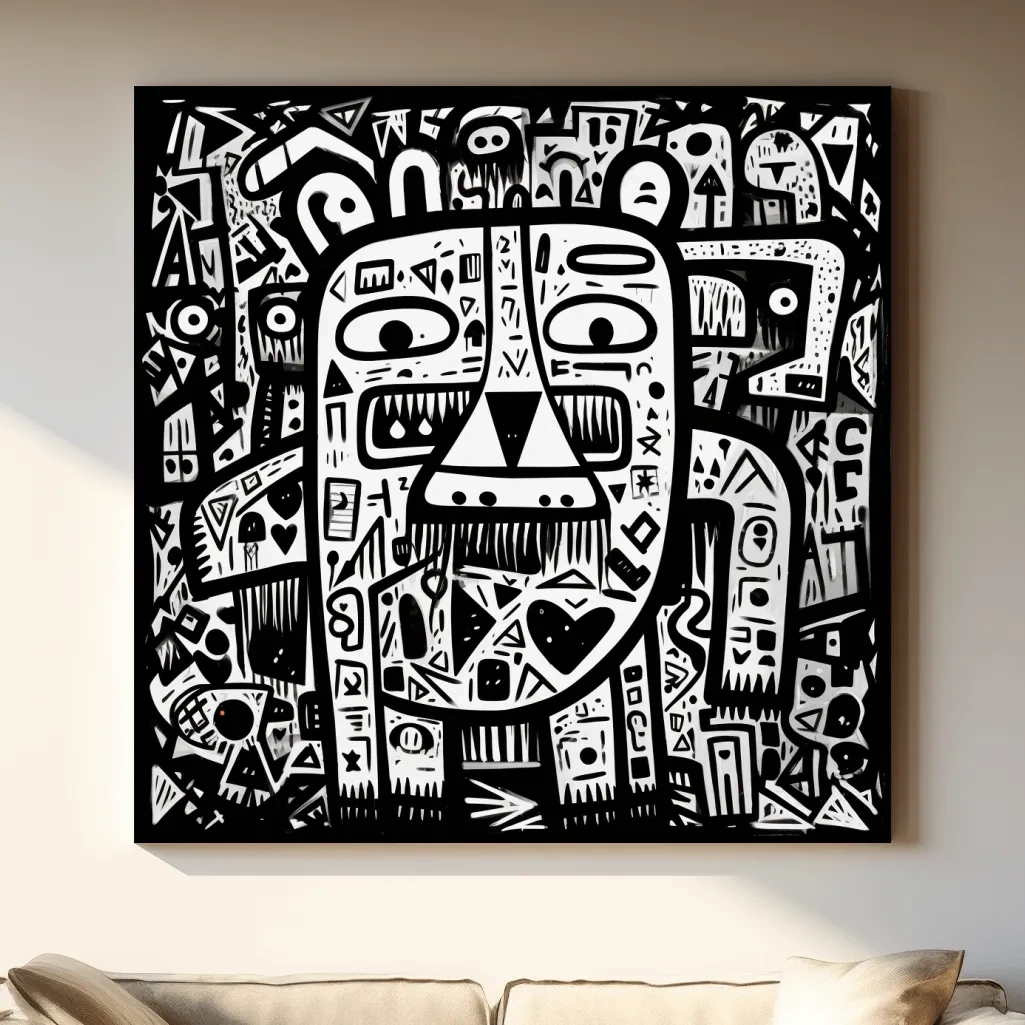 Abstract Black And White Graffiti Bear Doodle Art - Bold Geometric Animal Wall Art