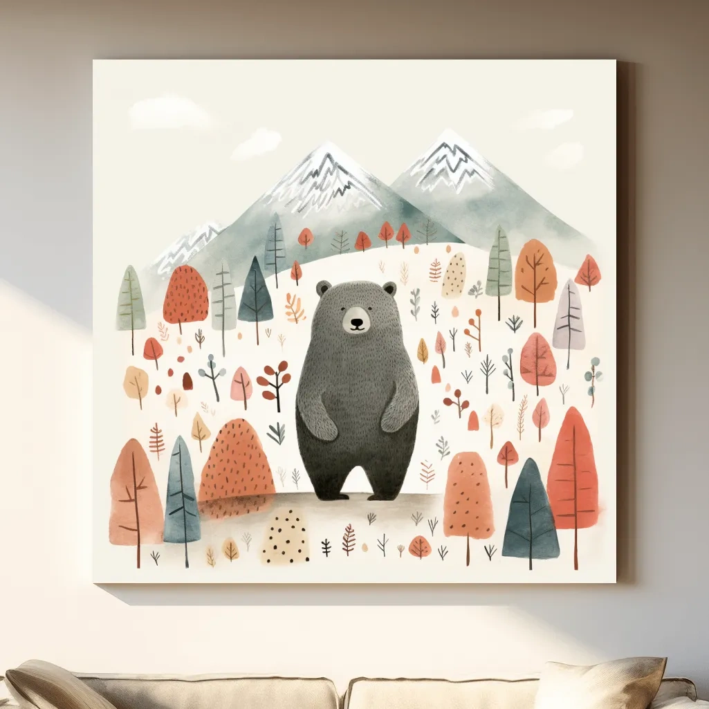 Nursery storybook art illustration of a black bear in the forest