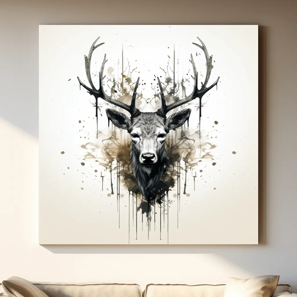 Watercolor Stag Portrait Rorschach Ink Splatter - Rustic Wildlife Artwork
