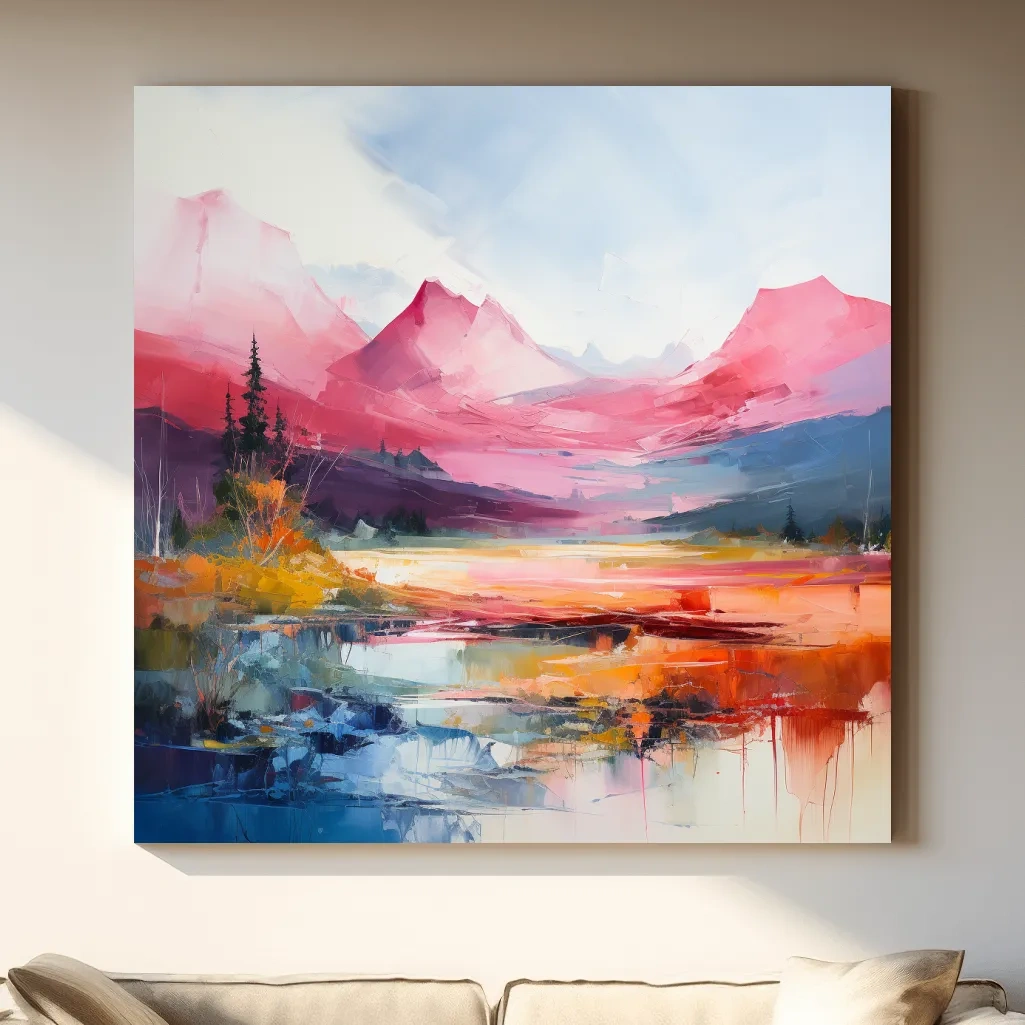 Abstract impressionist painting of an alpine mountain scene