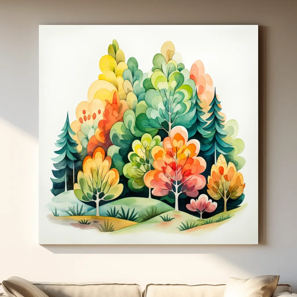 Whimsical Watercolor Forest Trees Illustration - Colorful Botanical Wall Art