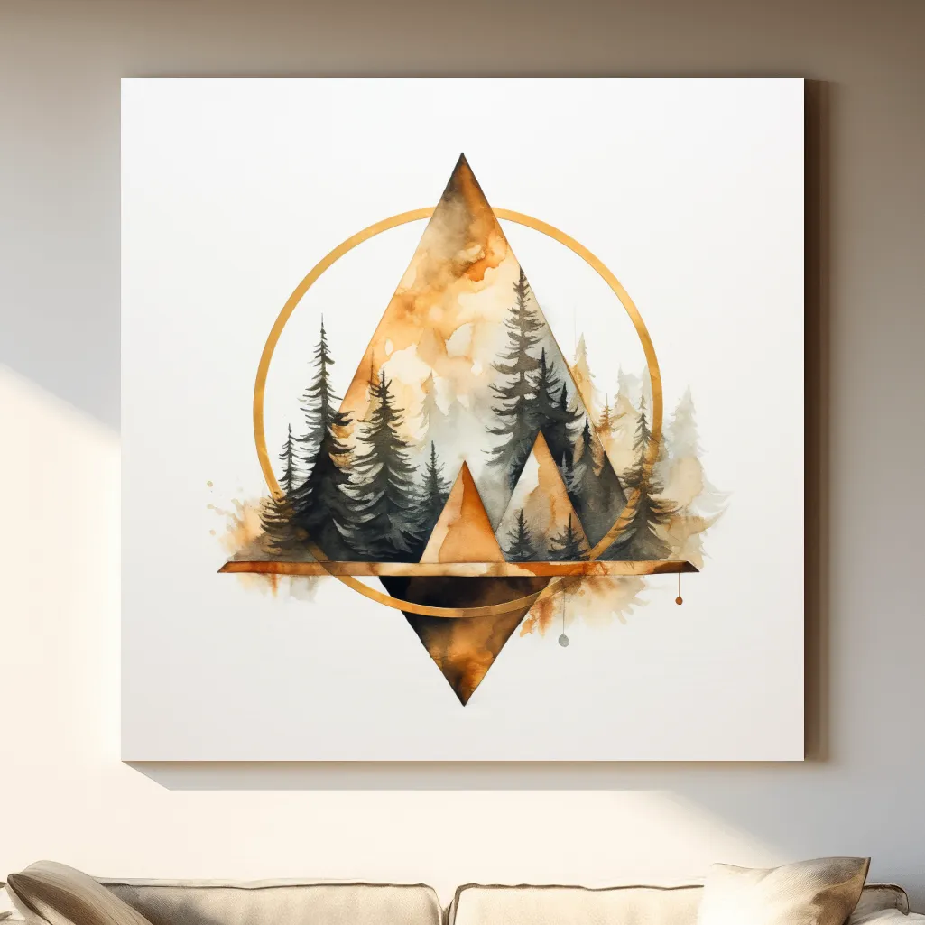 Geometric Watercolor Mountain & Pine Forest - Modern Rustic Nature Wall Art