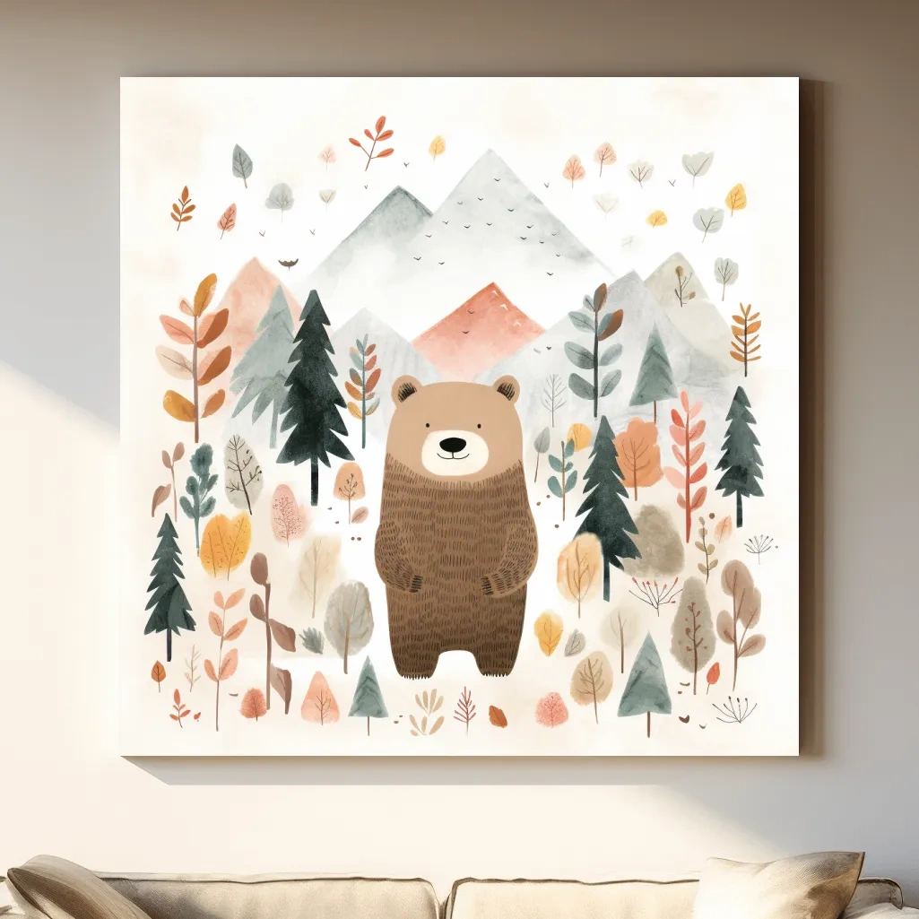 Nursery storybook art illustration of a brown bear in the forest