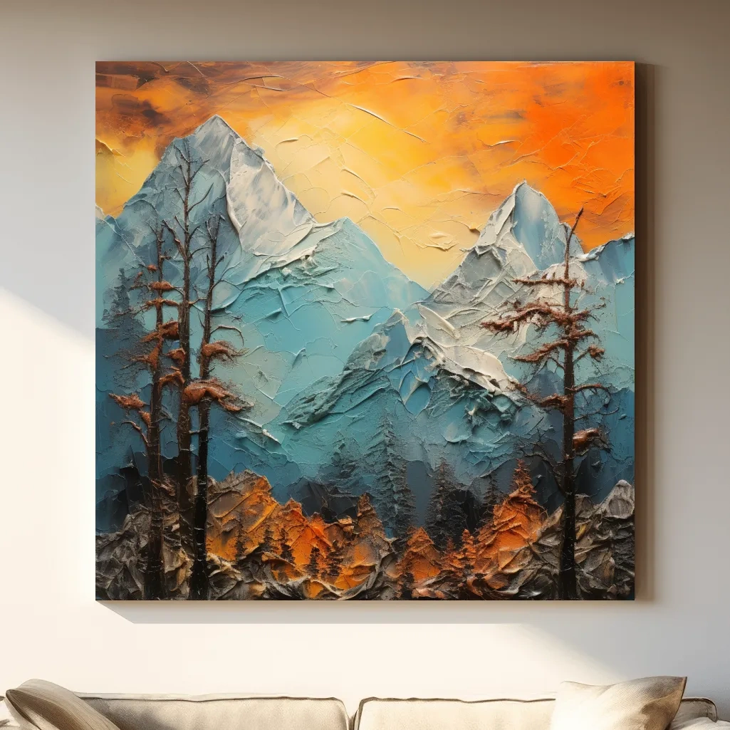 Mountains at sunset, thick impasto textured oil painting print