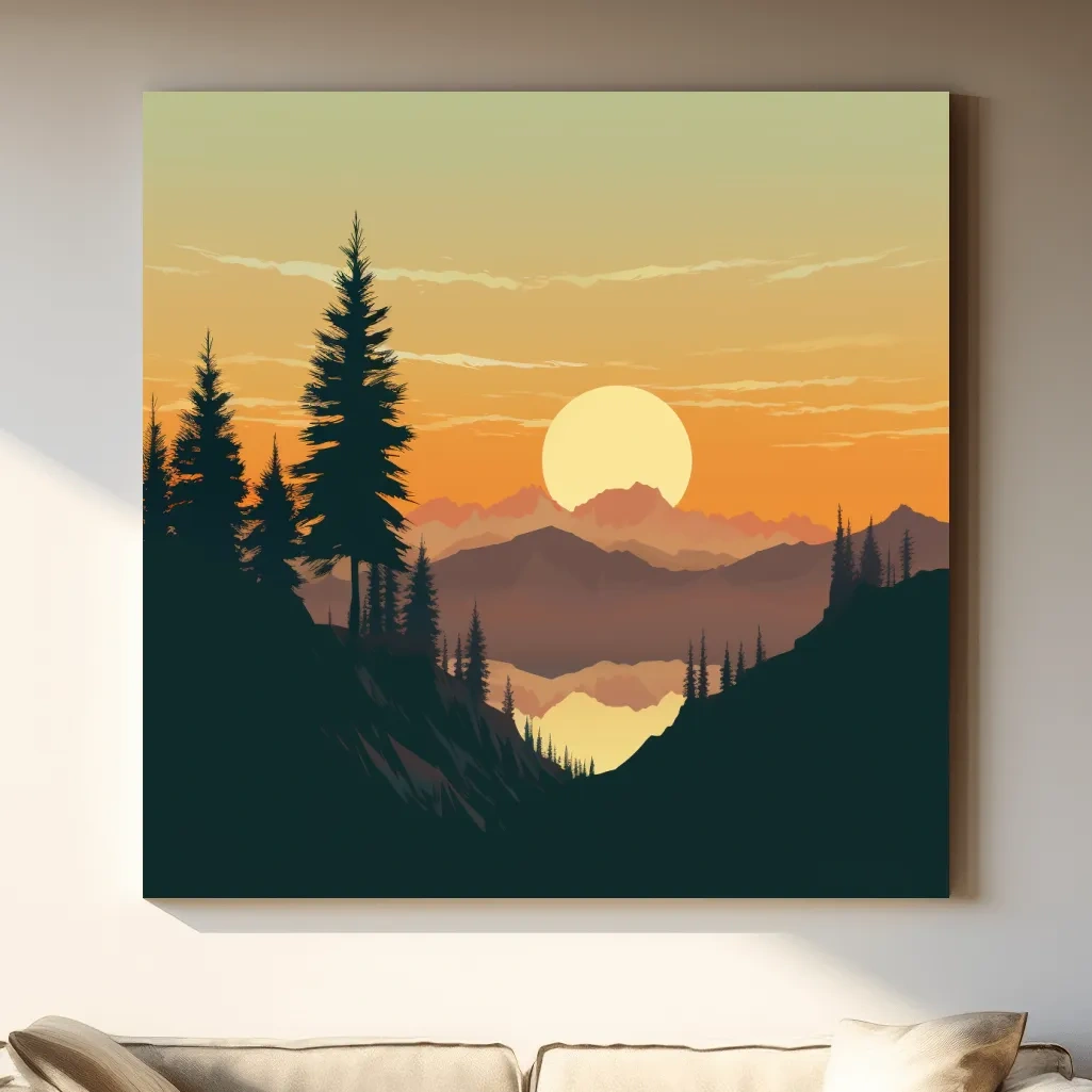 Mimimal mountain art, sunset over the alpine trees