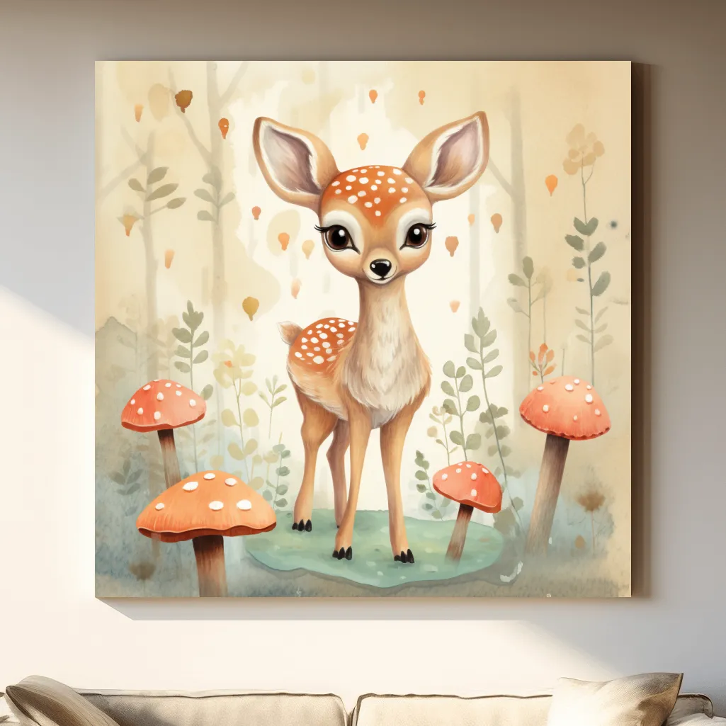 Nursery art, illustration of a cute baby fawn in the forest