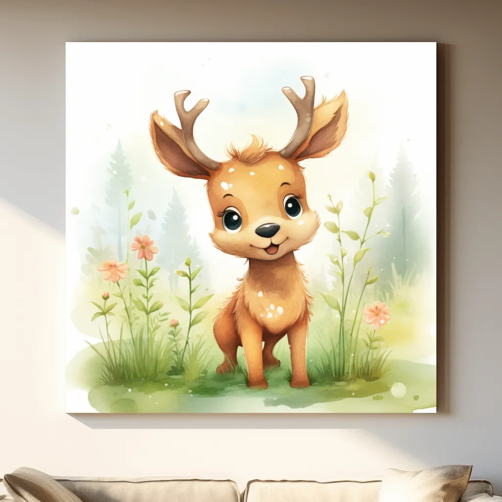 Cute Watercolor Baby Deer Illustration - Woodland Nursery Animal Wall Art