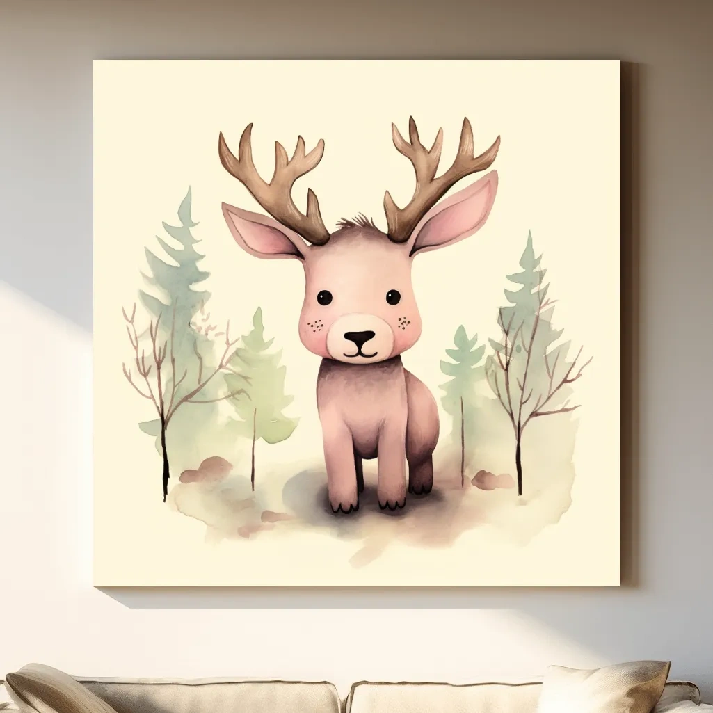 Childrens nursery art, an illustration of a cute baby moose in the forest