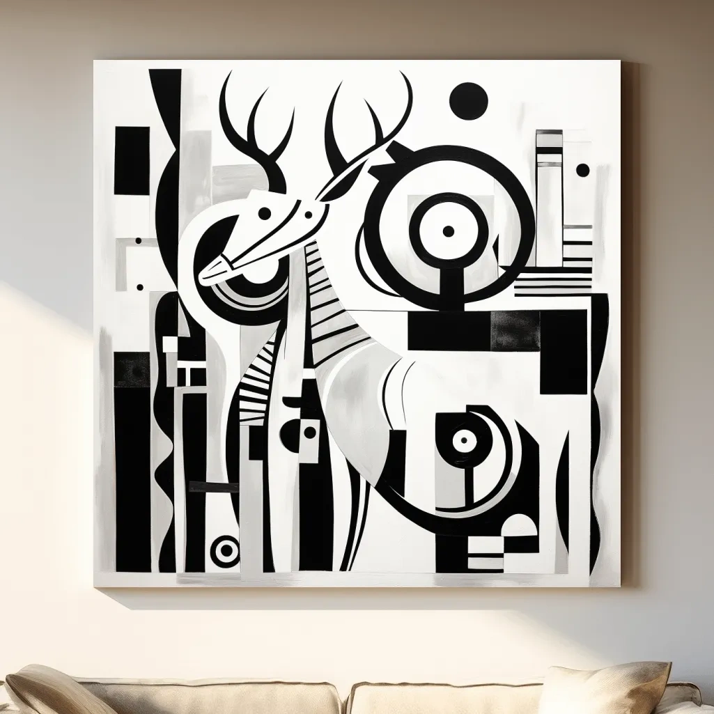 Abstract Geometric Deer Artwork - Mid-Century Black And White Animal Wall Art