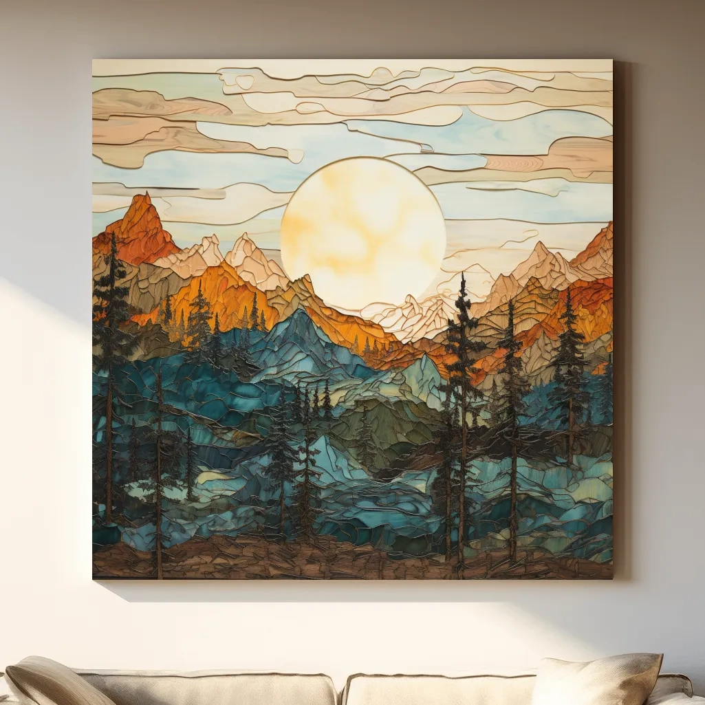 Stained Glass Mountain Sunset Landscape - Colorful Mosaic Forest Wall Art