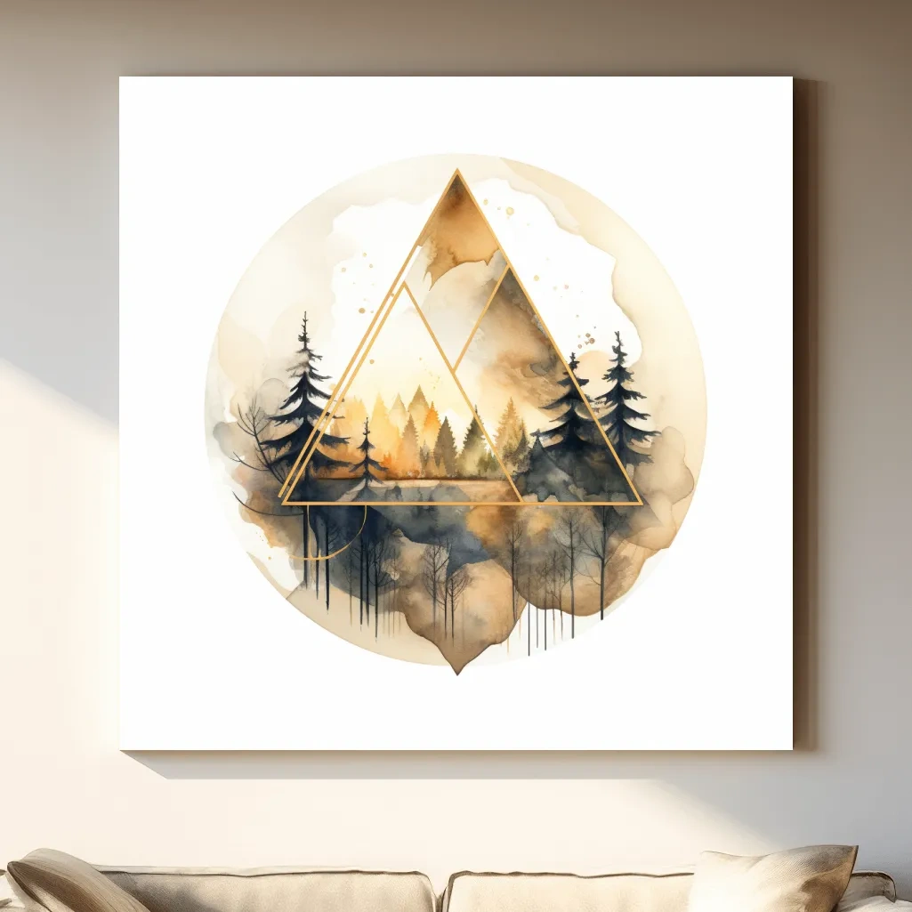 Geometric Watercolor Mountain Forest Landscape - Modern Rustic Nature Wall Art