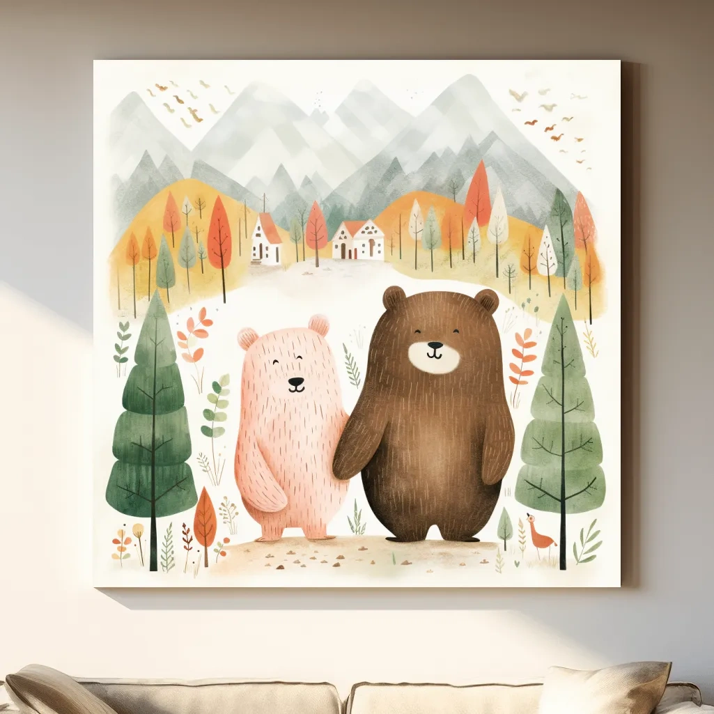 Cute storybook nursery art, bears holding hands in the mountains