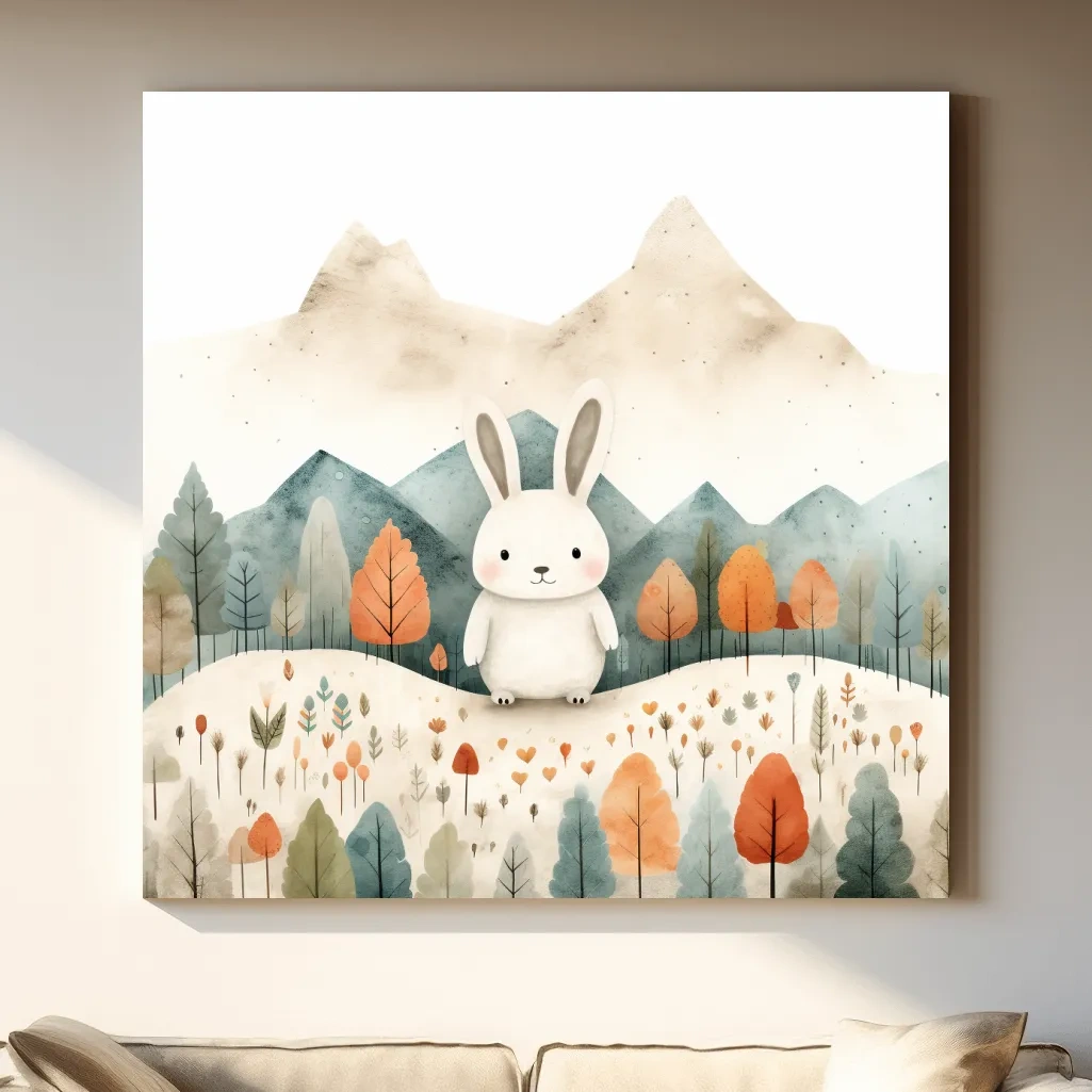 Cute Watercolor Bunny In Mountain Forest - Whimsical Nursery Woodland Wall Art