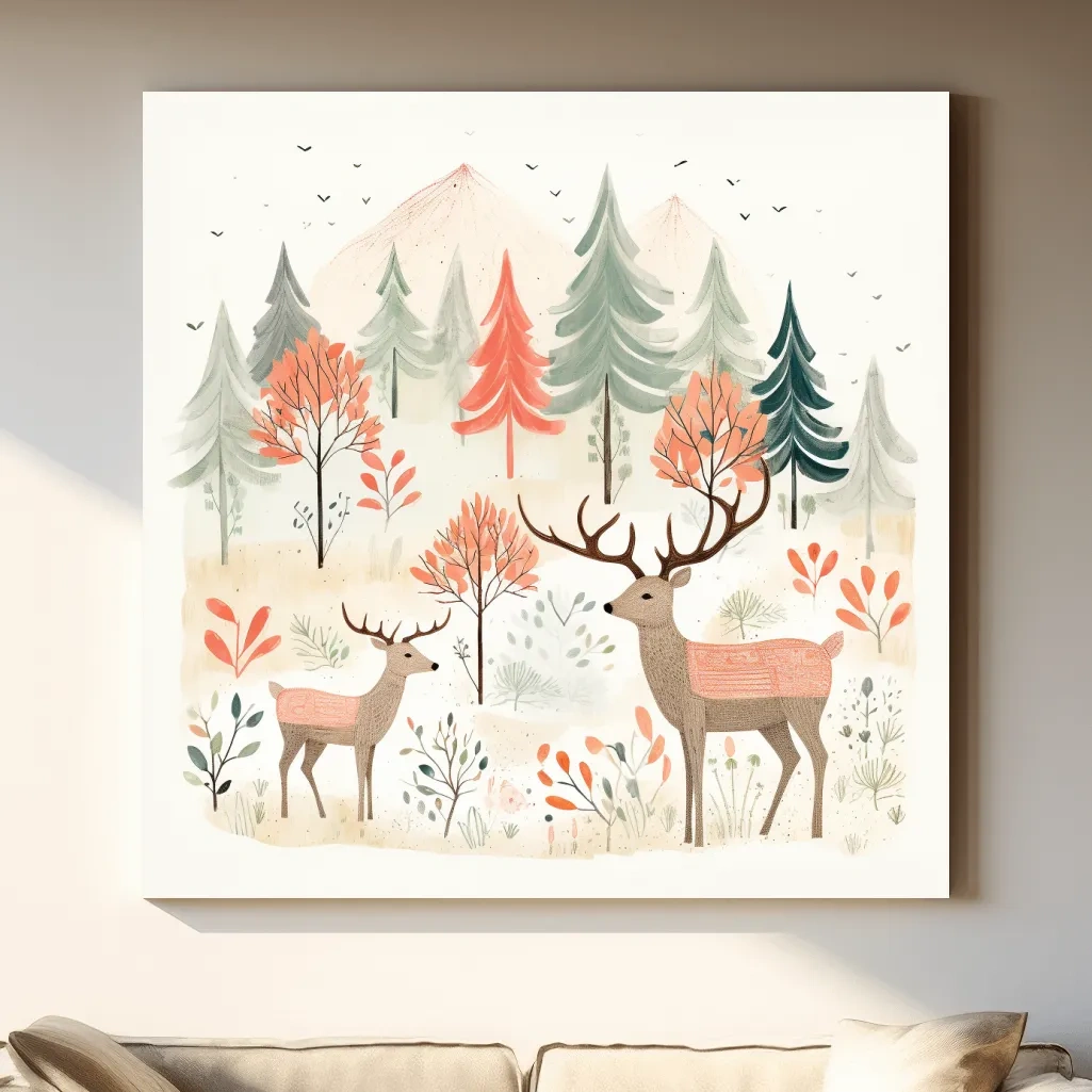 Storybook nursery art illustration, deer family in the forest