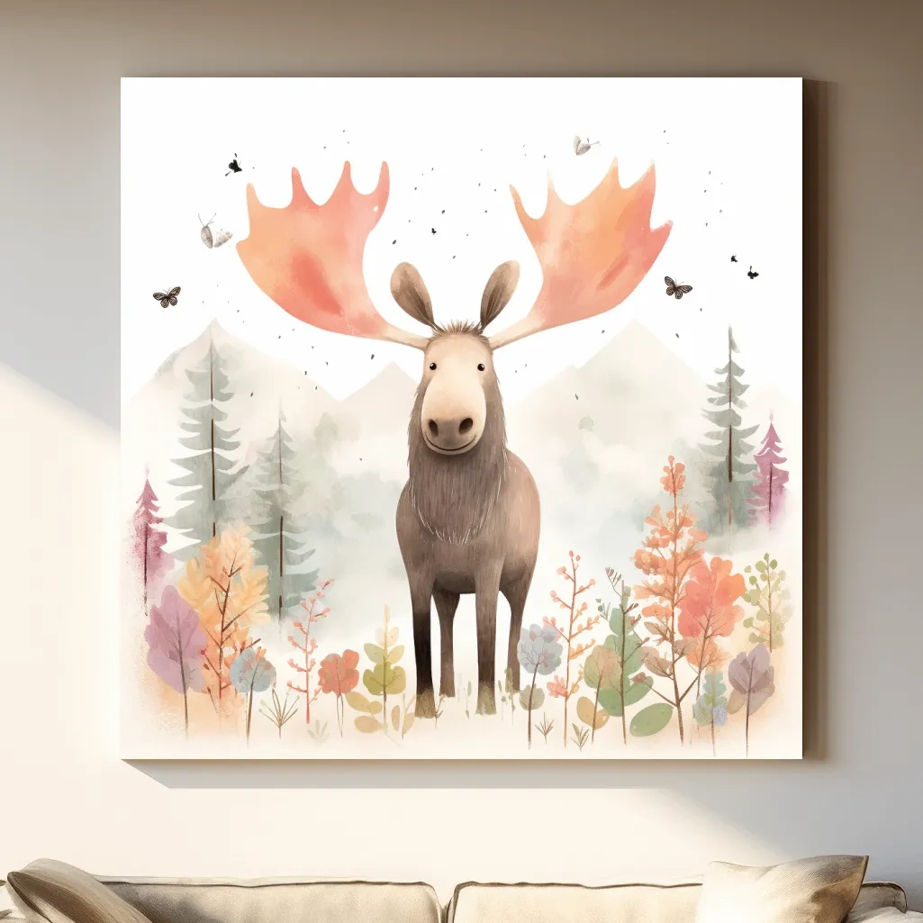 Nursery storybook artwork illustration, a happy moose in the mountains