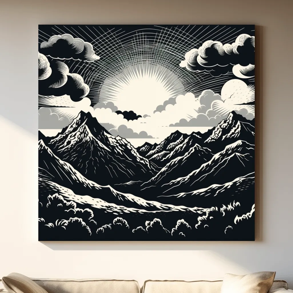 Sunset over mountain ranges, linocut style black & white artwork