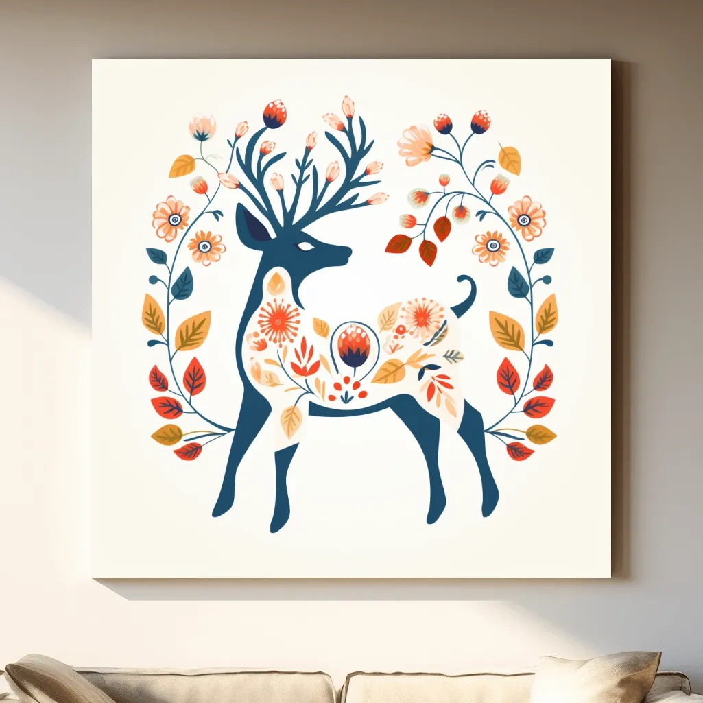 Folk Art Floral Deer Silhouette - Scandinavian Woodland Wall Art