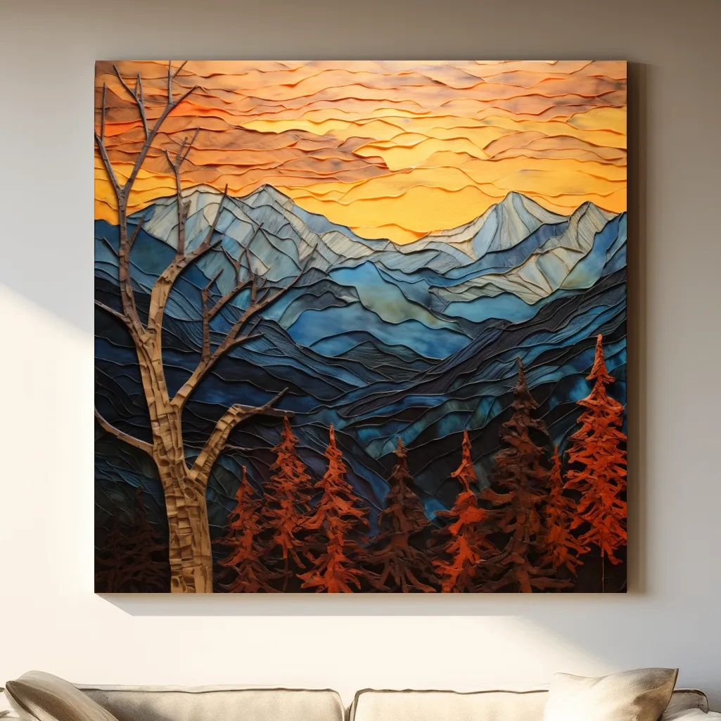 Alpine mountain sunset, layered mixed media style artwork