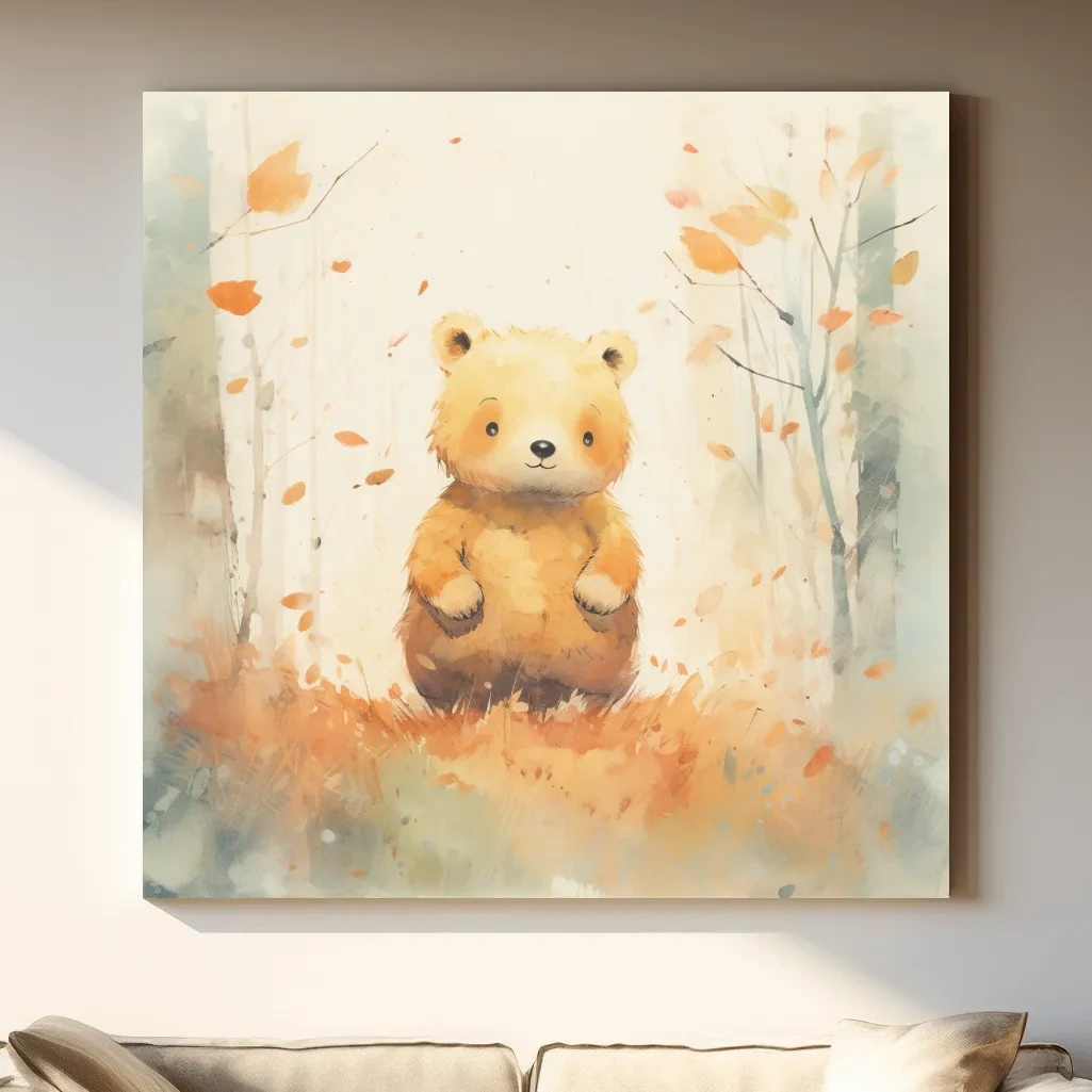 Cute bear cub in the forest, nursery watercolour style illustration art