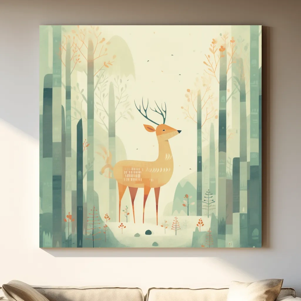 Whimsical Deer In Misty Forest - Minimalist Woodland Nursery Wall Art
