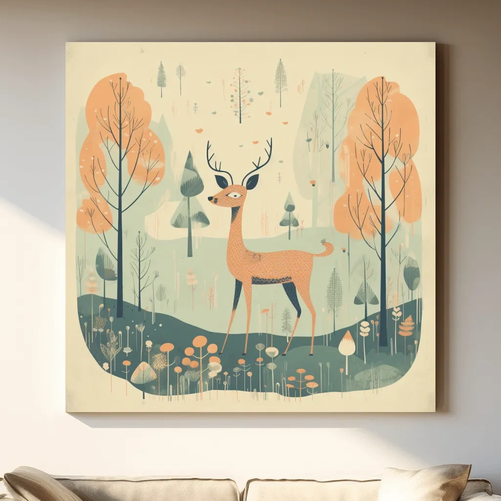 Whimsical Deer in Pastel Forest Illustration - Folk Art Woodland Nursery Wall Art