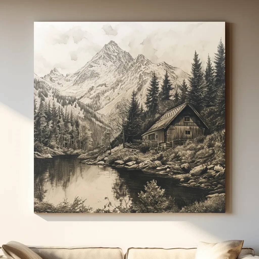 Lead pencil drawing artwork of a cabin on an alpine lake