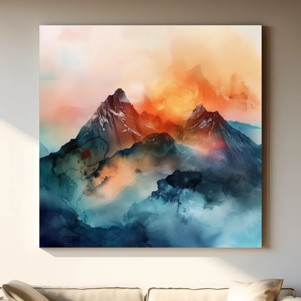 A mountain art scene made from colourful abstract shapes