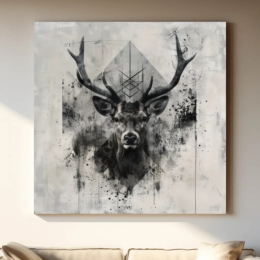 Tribal Monochrome Deer Stag Portrait - Tattoo Style Wildlife Wall Art