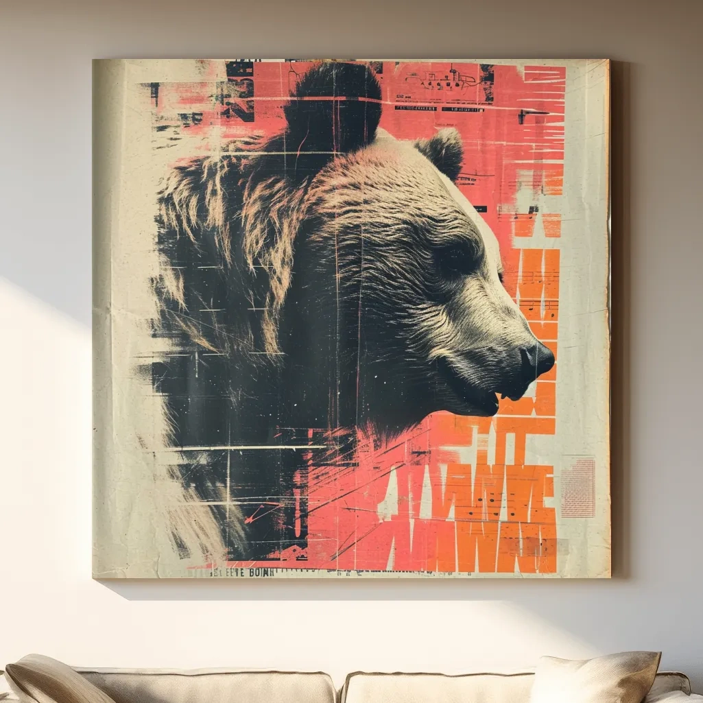 Grizzly bear artwork, magazine collage style art illustration