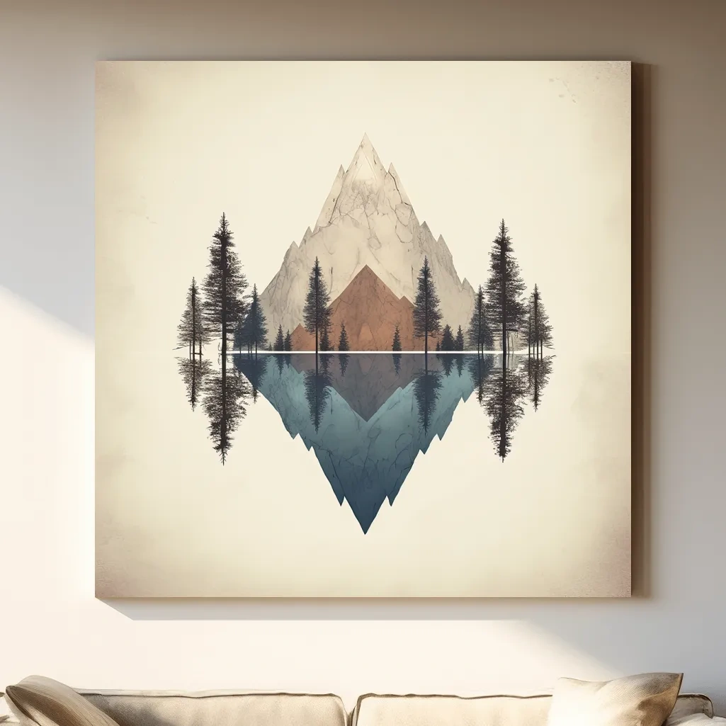 Minimal mountain art, reflections in the lake