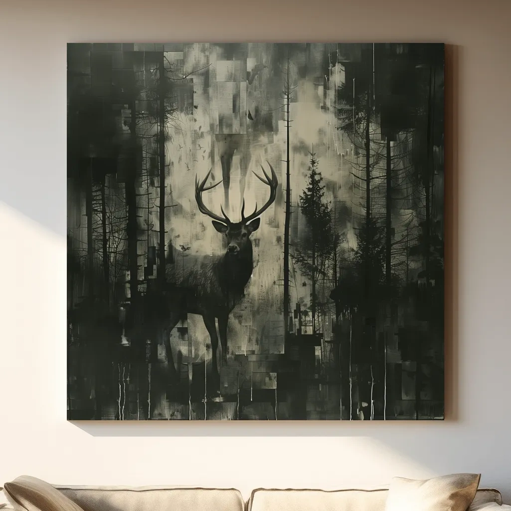 Abstract painting, deer hidden in the forest, dark artwork