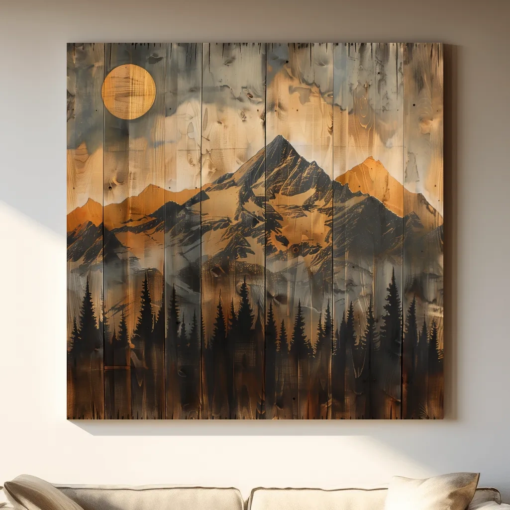 Rustic Woodgrain Mountain Sunset Artwork - Vintage Pine Forest Wall Art