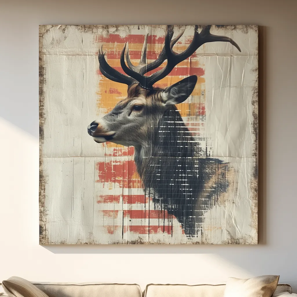 Deer head artwork, collage style art on textured paper