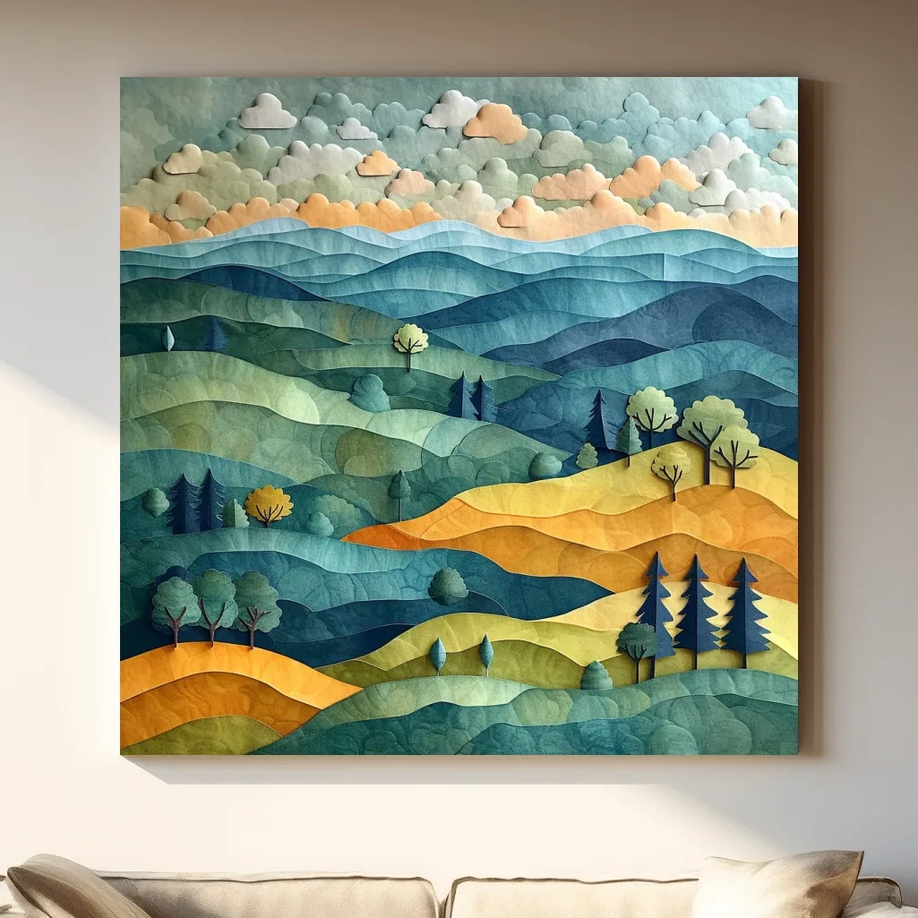 Happy hillside scene, 3d layered paper quilling cutout effect