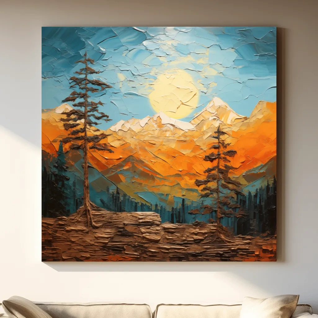 Mountains at sunset artwork print, thick impasto textured oil painting effect