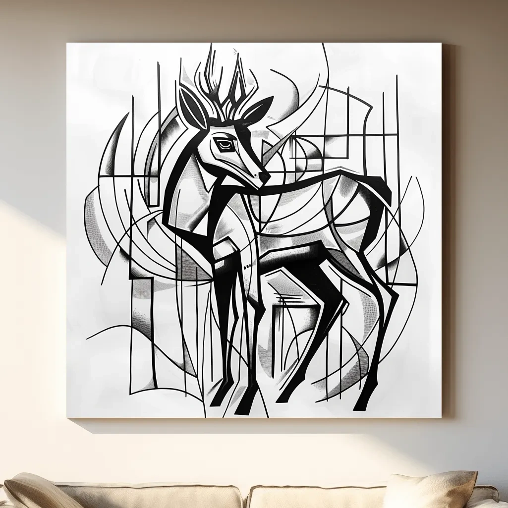 Abstract artwork, geometric deer painting, cubism line art