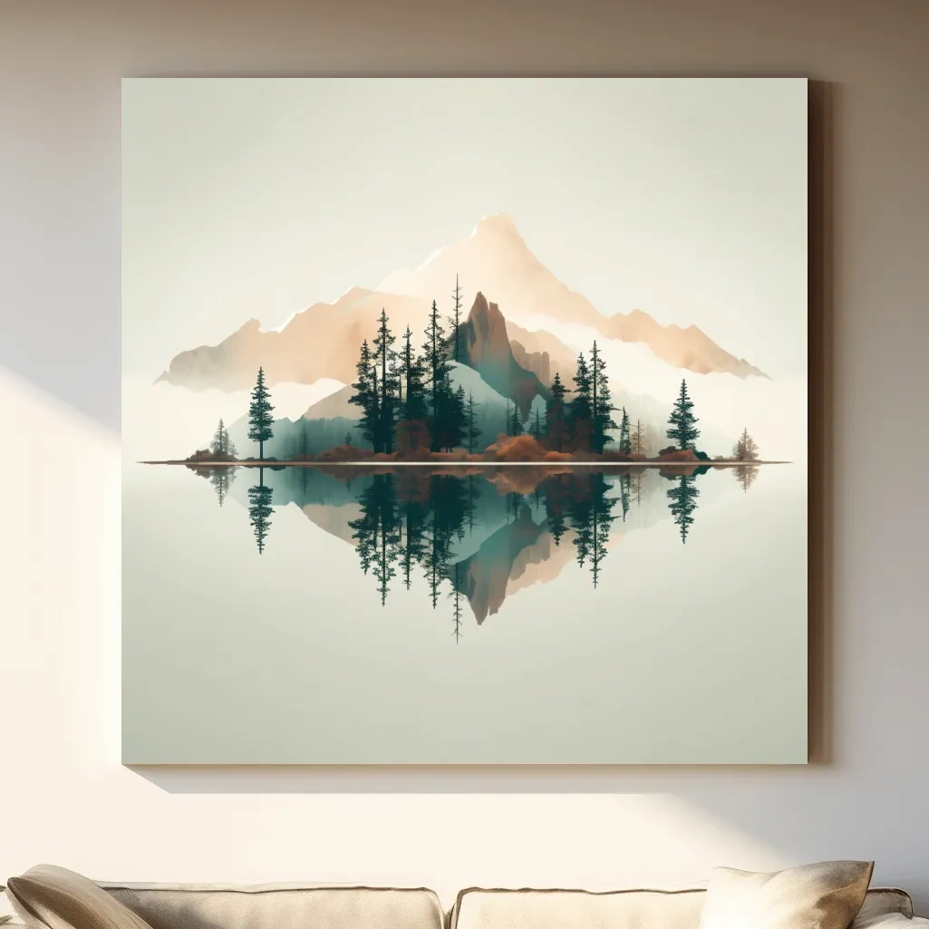 Minimalist Watercolor Mountain Lake Reflection - Serene Pine Forest Landscape Wall Art
