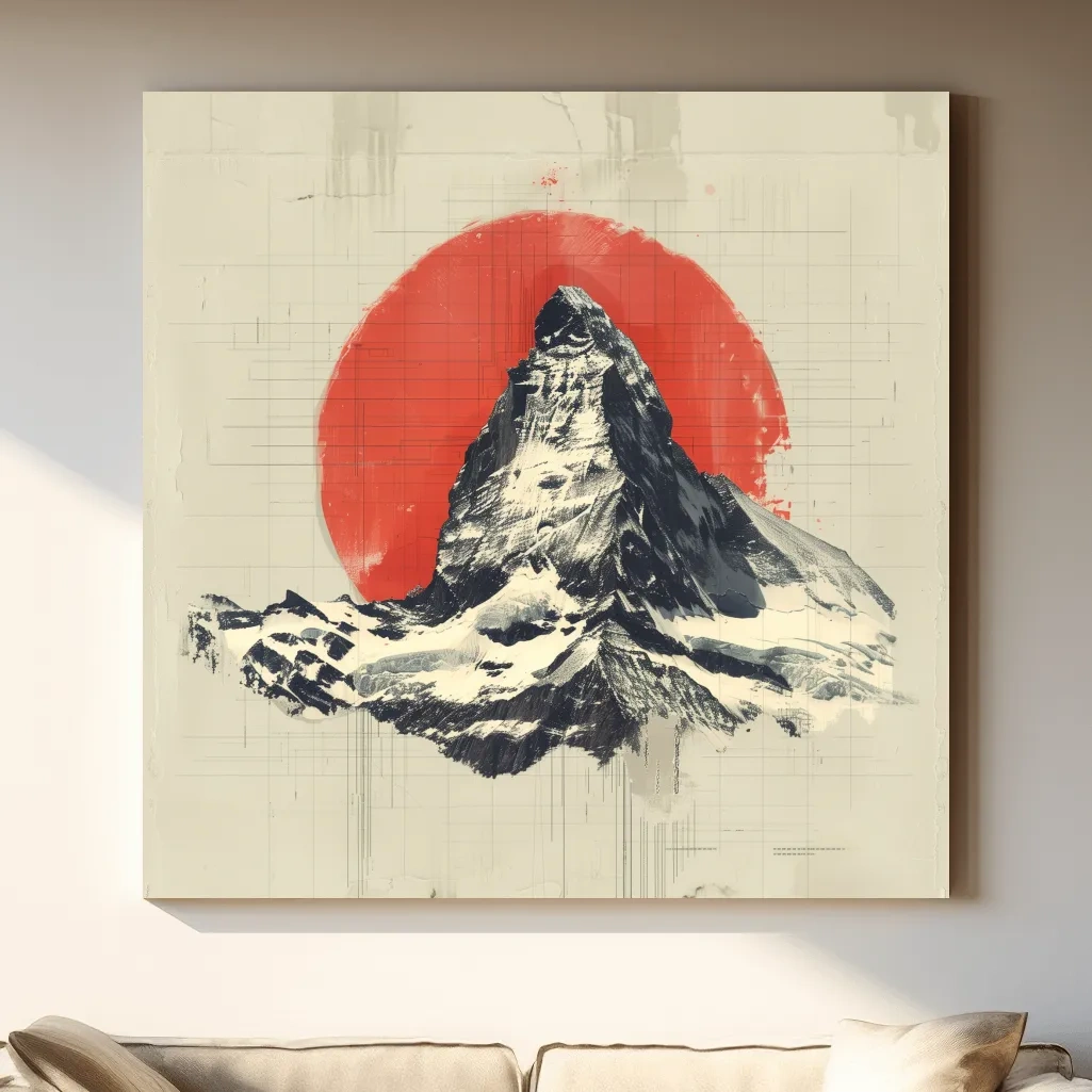 Matterhorn at sunset drawing, Swiss Alps, Japandi style illustration mountain artwork