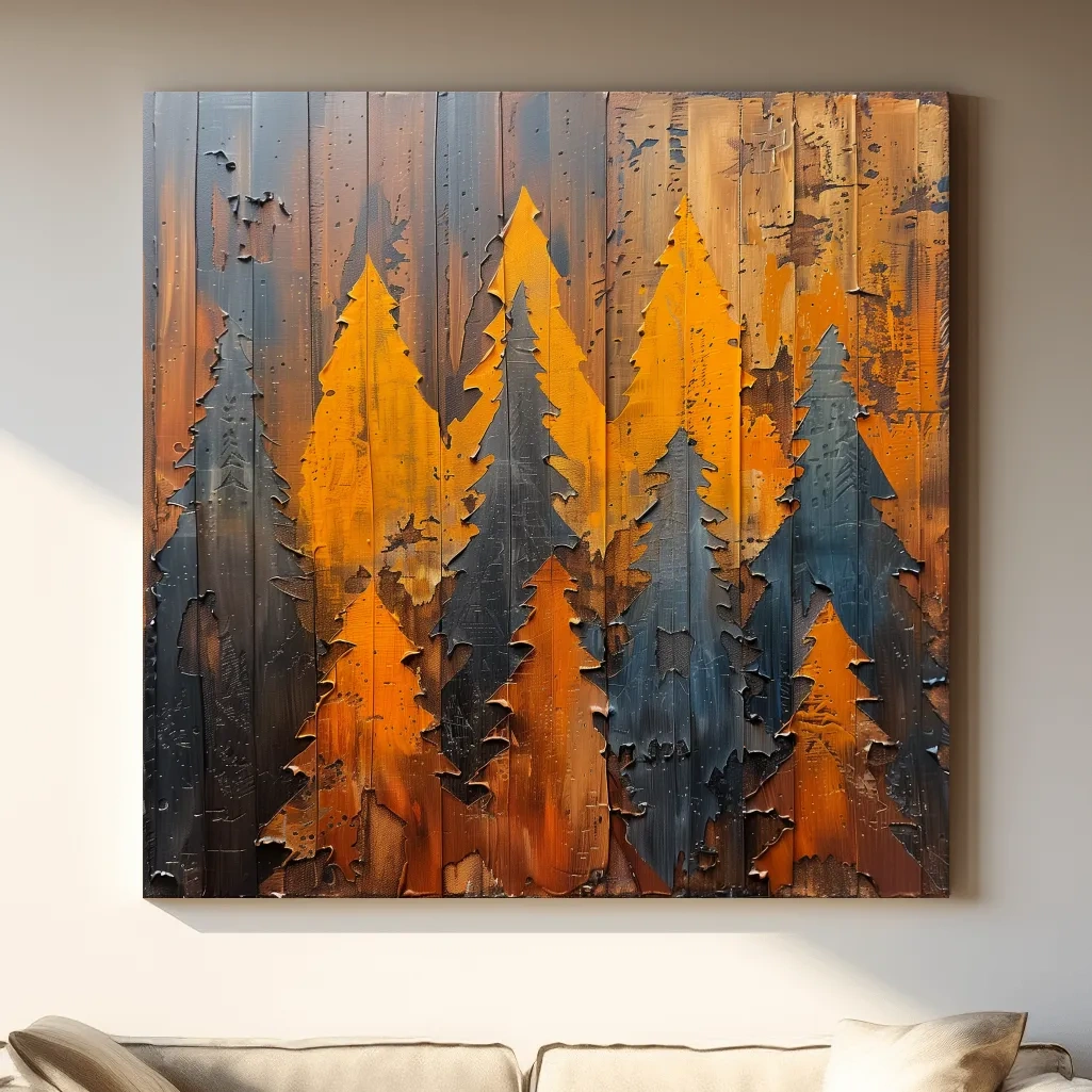 Painted wood artwork, alpine forest painting, peeled paint effect