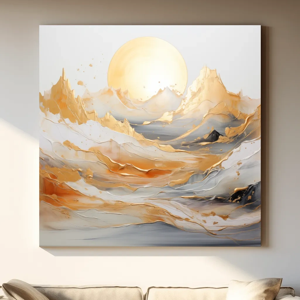 Gold leaf style painting of a mountain landscape