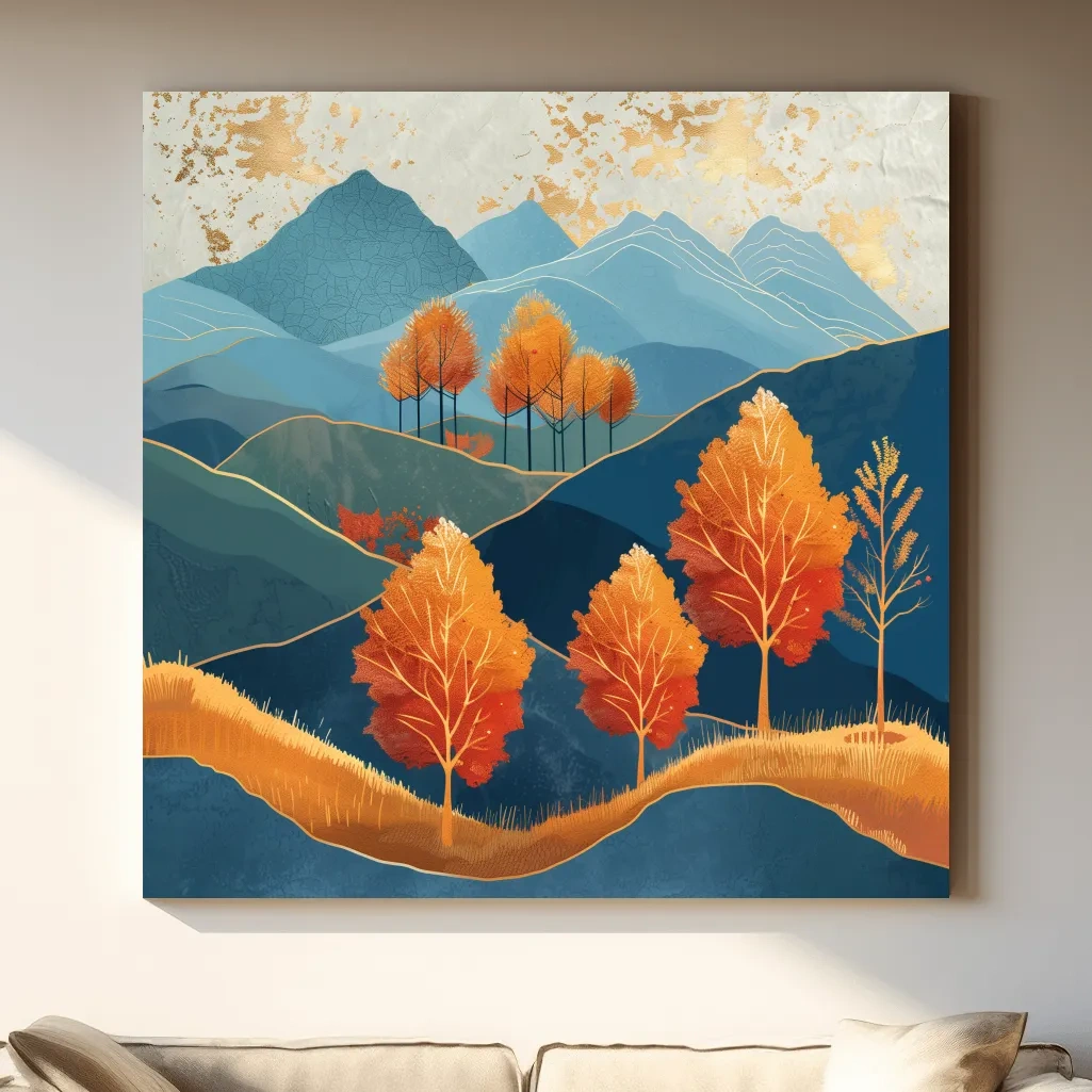 Autumn Aspen Trees In Layered Blue Mountains - Modern Gold Leaf Style Wall Art