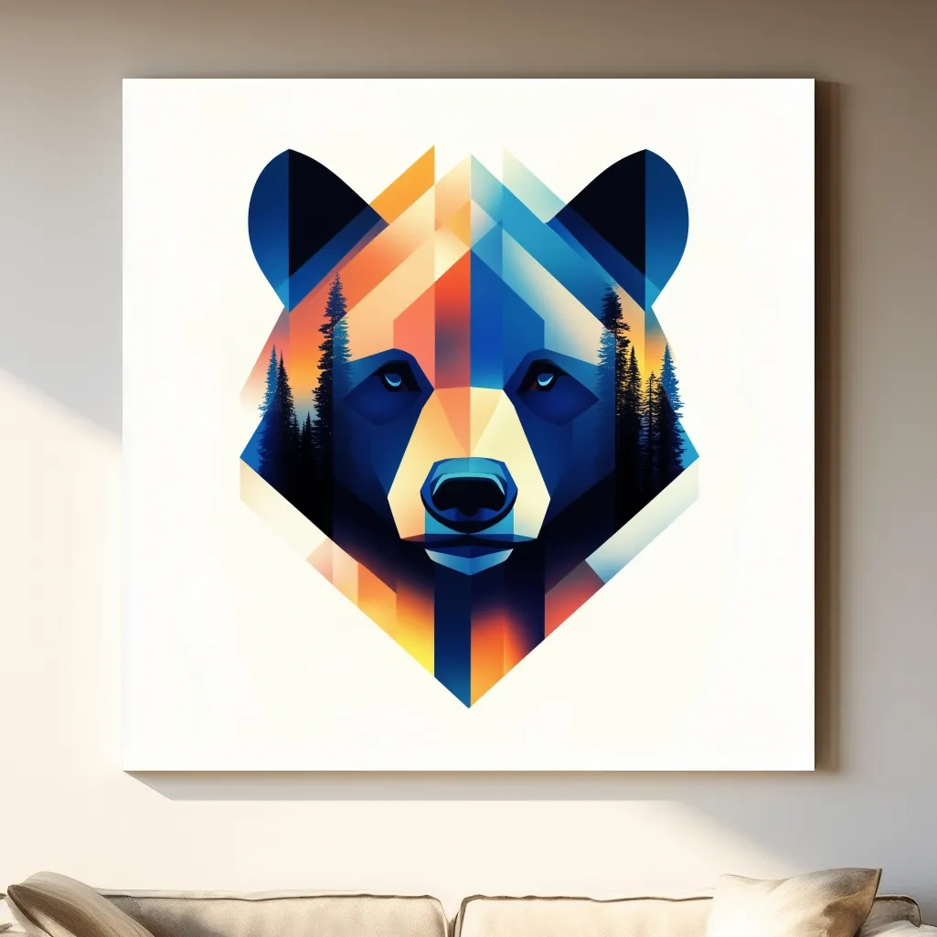 Colorful bear head illustration print, double exposure forest wall art